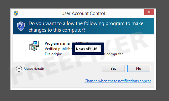 Screenshot where Nsasoft US appears as the verified publisher in the UAC dialog